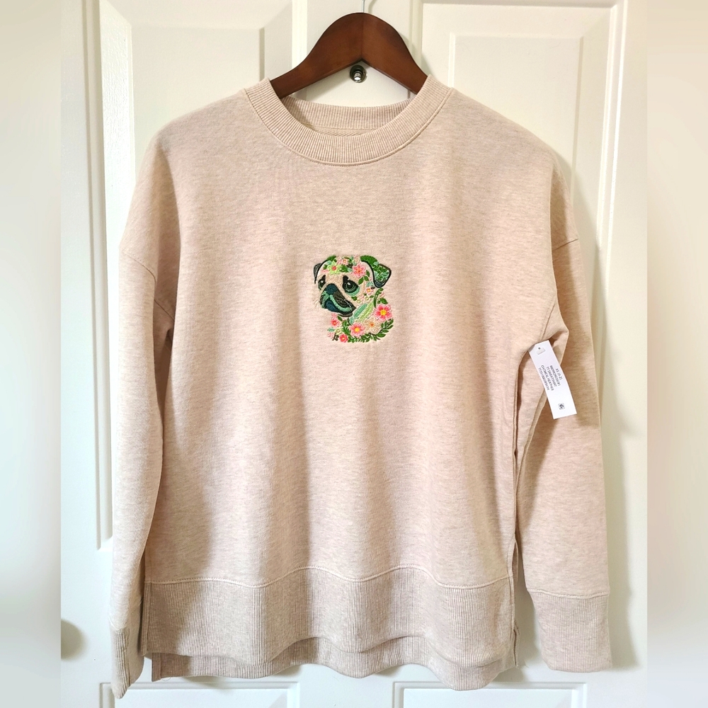 Floral Pug Embroidered Sweater